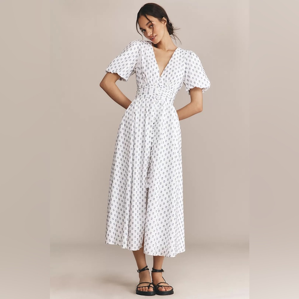 Anthropologie White Maxi Dress with Navy Micro Floral
